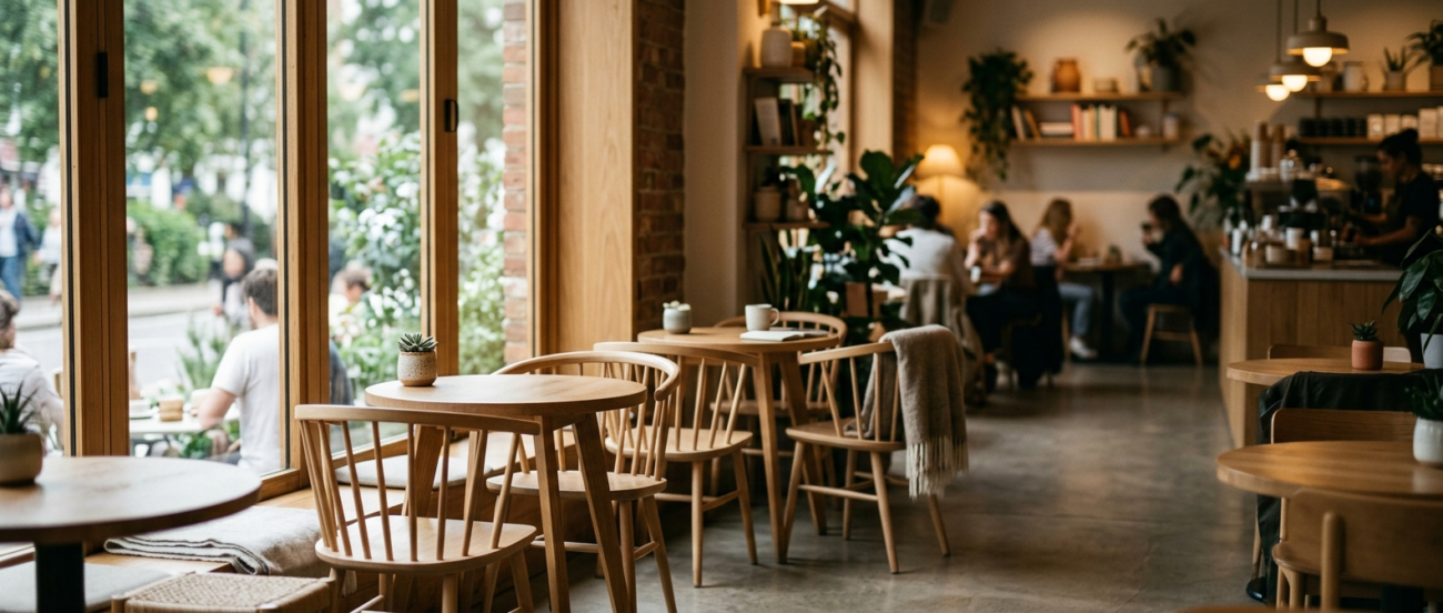 Modern bir kafenin iç mekanında masalar ve sandalyeler, gün ışığı