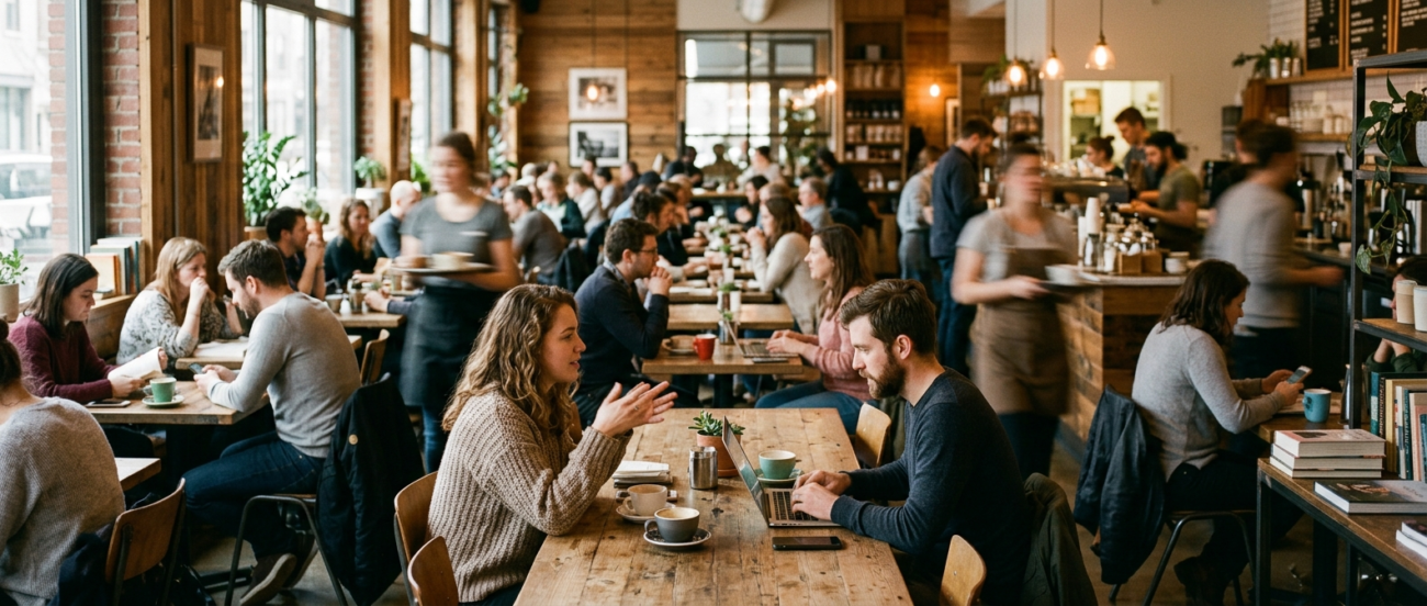 Kalabalık, hareketli bir cafe iç mekanı, gün ışığı