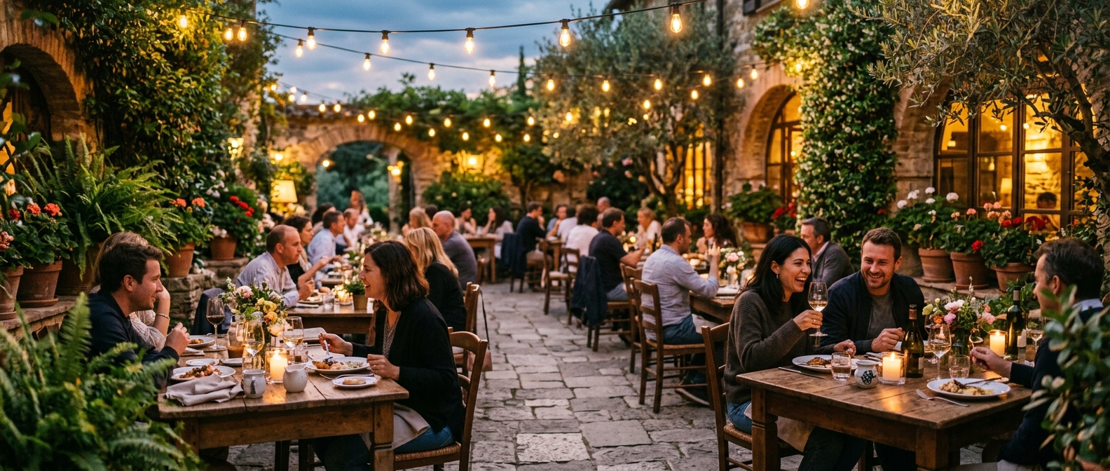 Akşam ışıklarıyla dış mekan restoran terası, bitkiler ve masalar