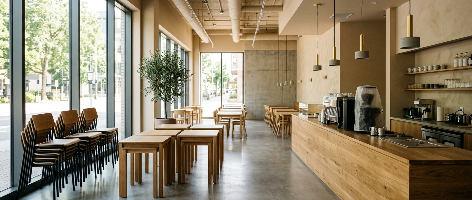 Açılış öncesi hazırlanan yeni bir cafe iç mekanı, istiflenmiş sandalyeler
