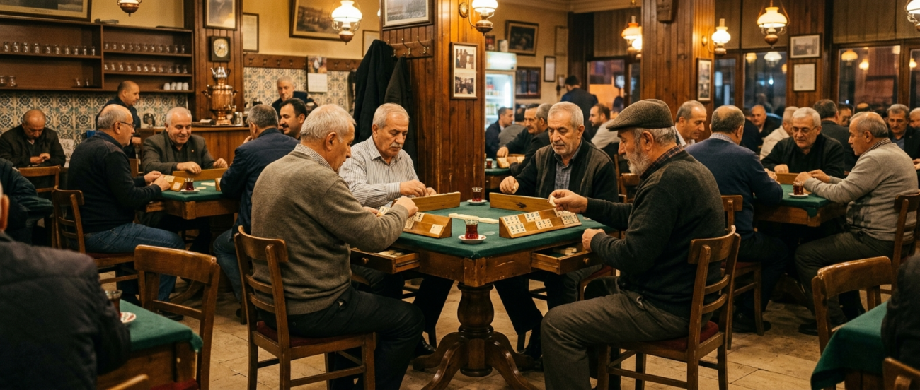 Çekmeceli ve ahtapot ayaklı okey masalarıyla dolu bir kıraathane