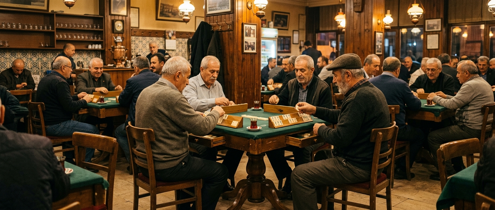 Çekmeceli ve ahtapot ayaklı okey masalarıyla dolu bir kıraathane