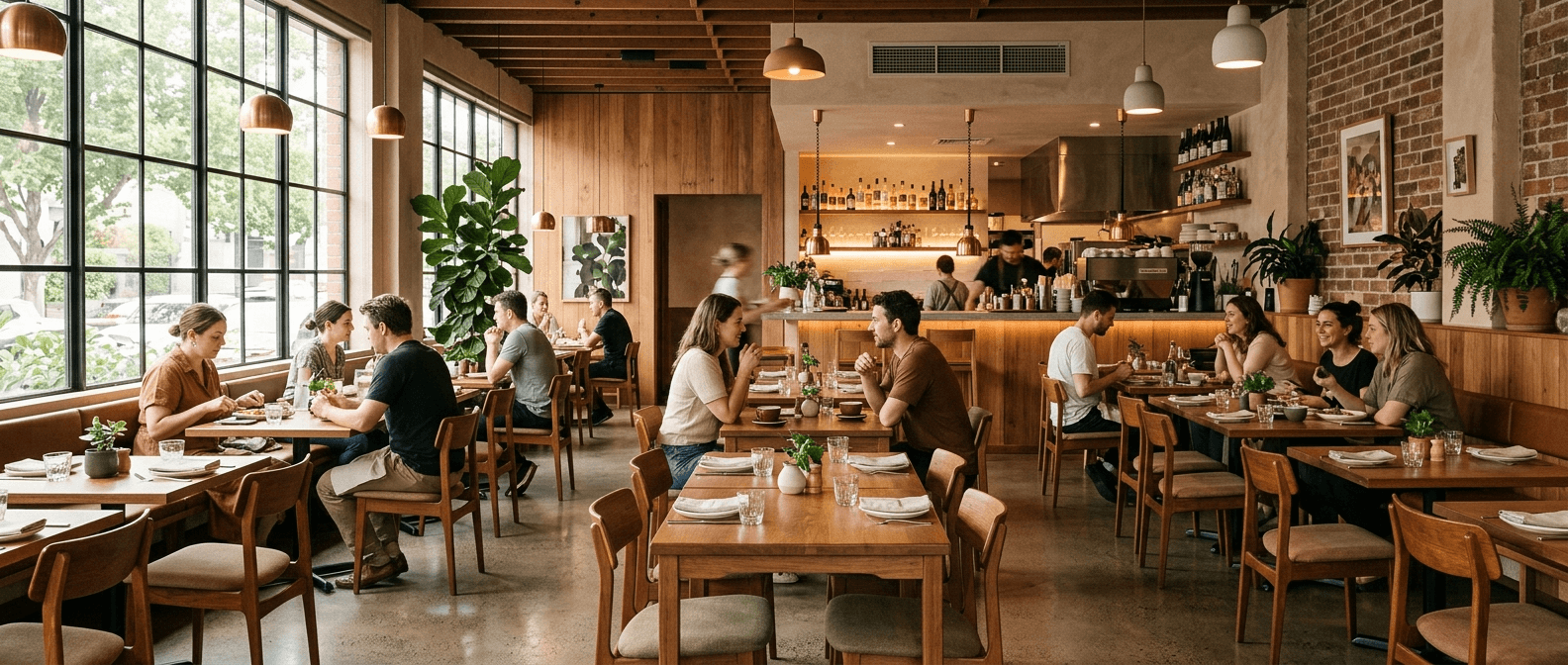 Cafe ve restoran için masa sandalye takımlarıyla düzenlenmiş şık bir iç mekan