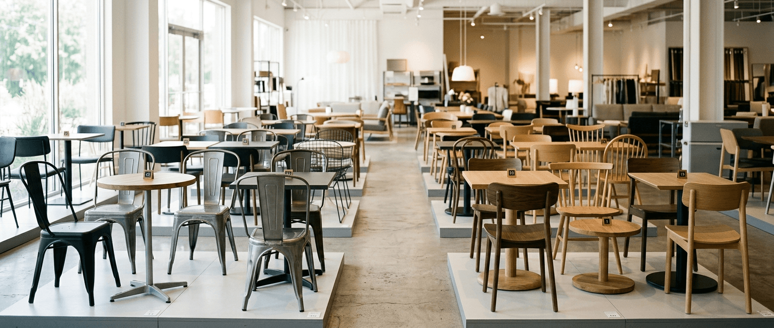 Farklı cafe sandalye ve masa modellerinin bir arada sergilendiği showroom