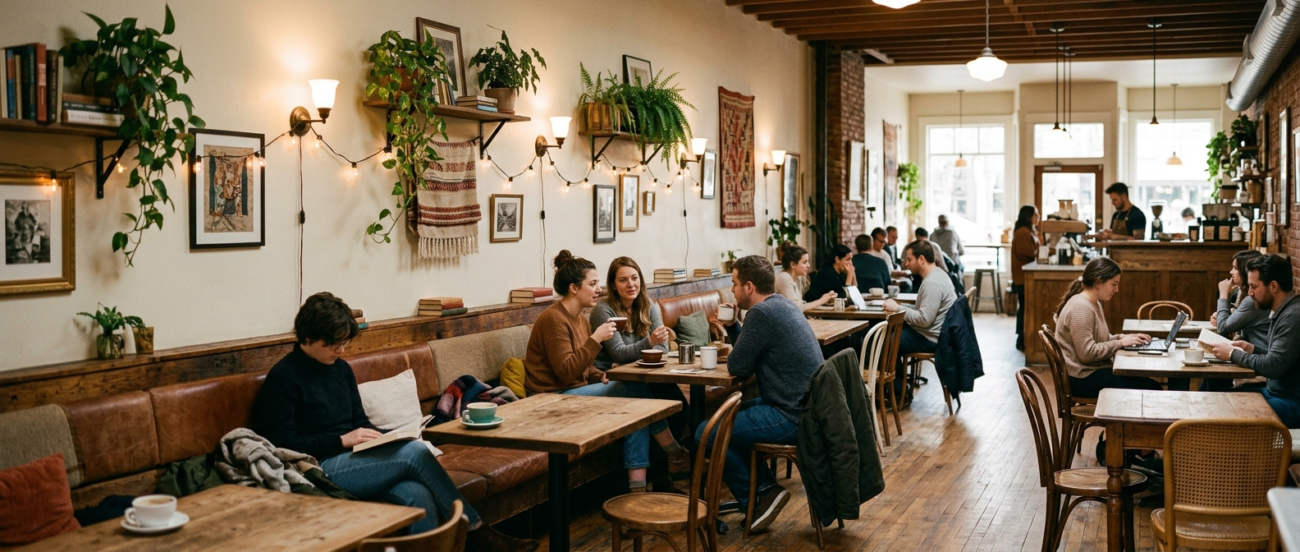 Bir yanda sedir bir yanda sandalye bulunan cafe oturma düzeni