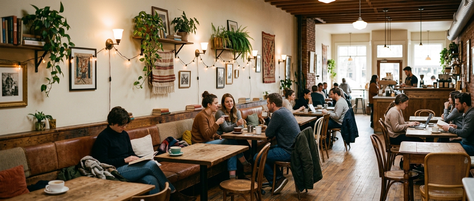 Bir yanda sedir bir yanda sandalye bulunan cafe oturma düzeni
