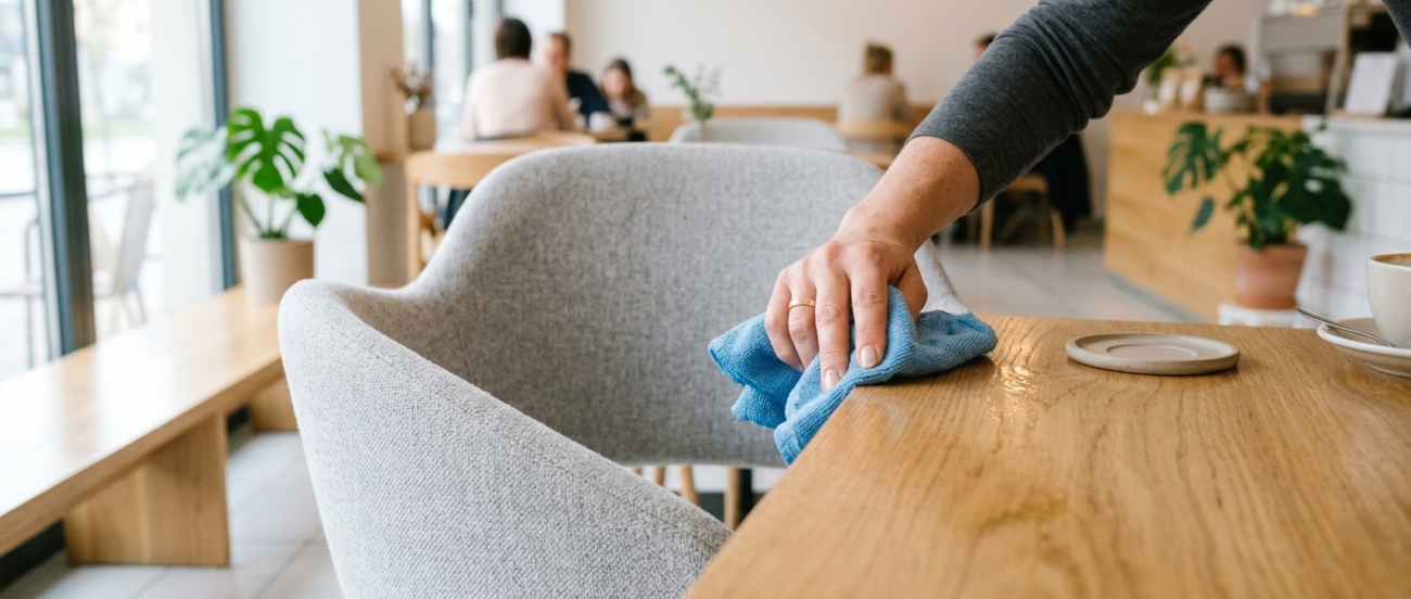 Bir cafe sandalyesinin ve masasının bezle temizlenmesi, hijyen ve bakım