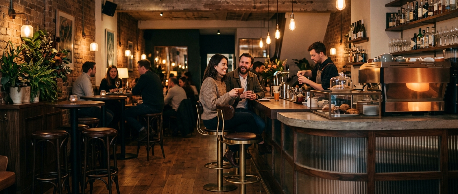 Bar tezgahı önünde yüksek bar sandalyeleri ve bistro masaları olan modern bir mekan