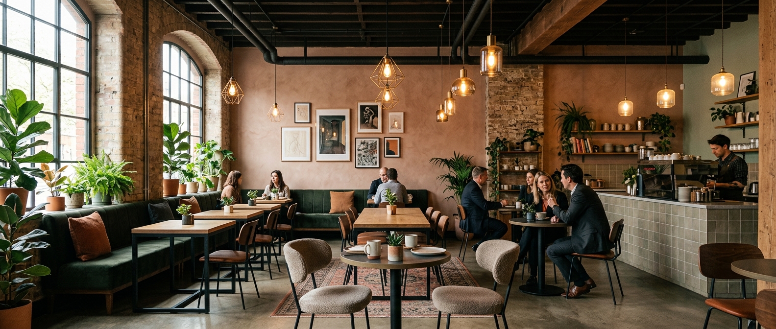 Güçlü bir tasarım konseptine sahip, şık dekore edilmiş bir cafe iç mekanı