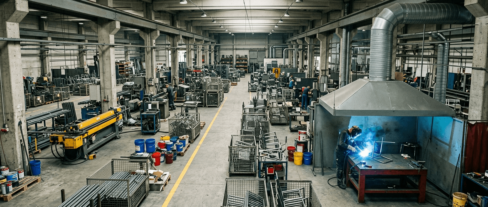 Metal sandalye fabrikası üretim tesisi: kaynak istasyonları, boru bükme ve iskelet stokları