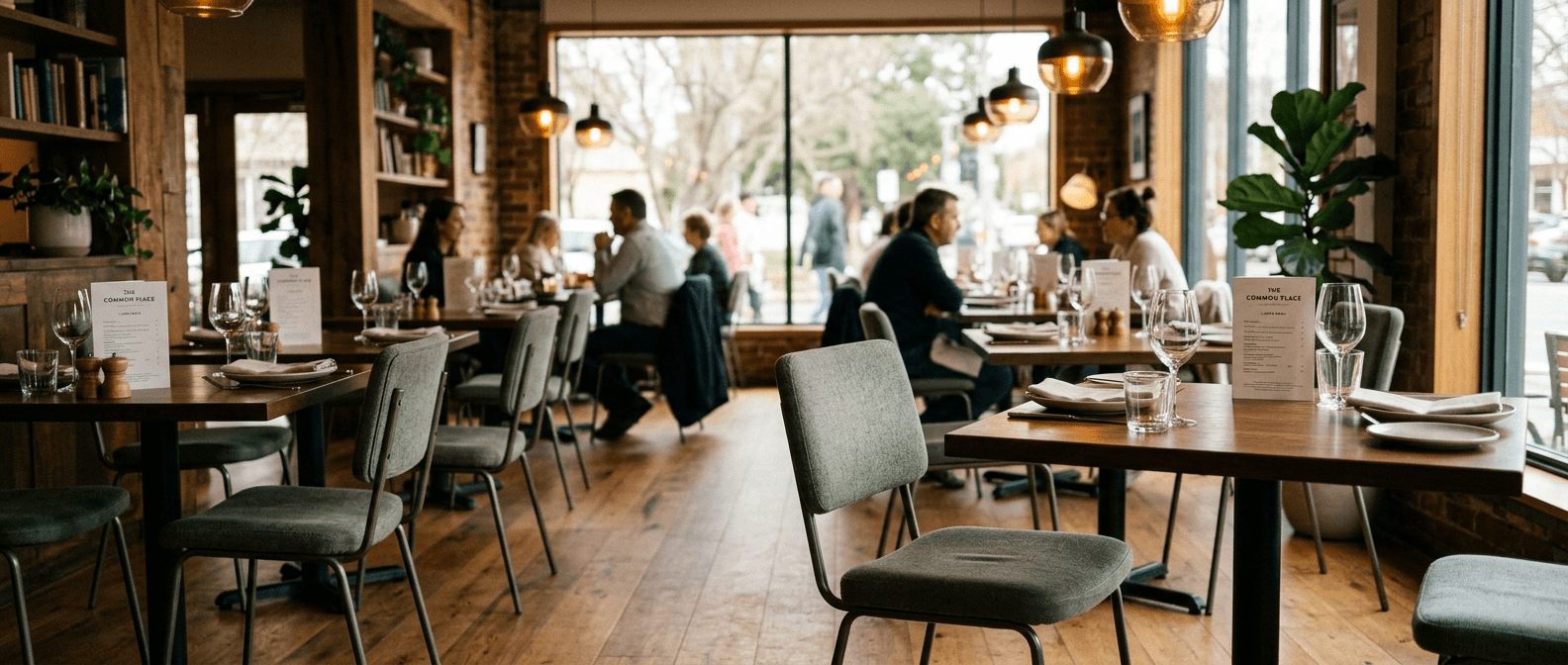 Modern restoran iç mekanında metal iskeletli döşemeli sandalyeler ve masalar