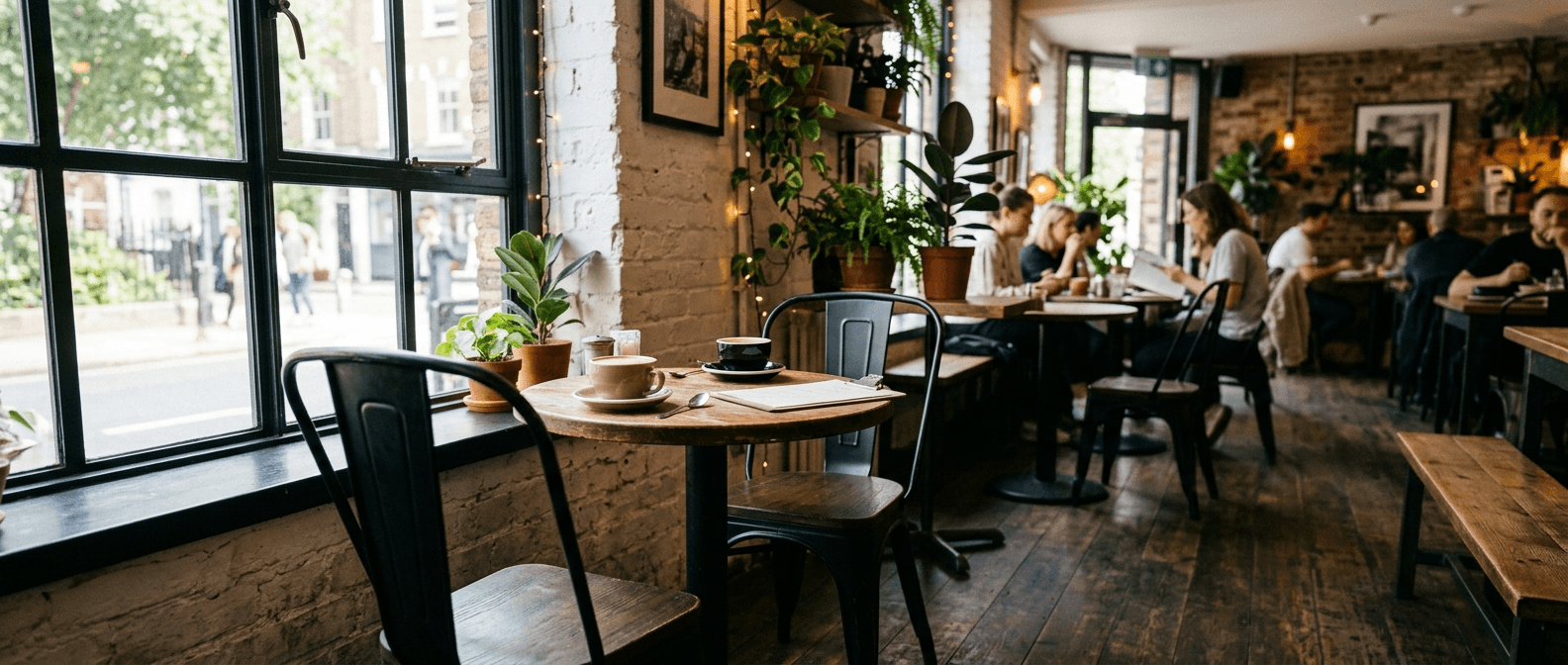 Cafe iç mekanında metal cafe sandalyeleri ve küçük yuvarlak masa