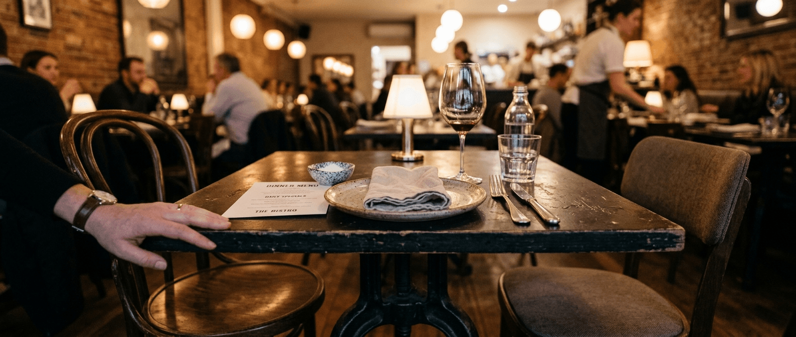 Restoran masası: dayanıklı tabla ve metal ayak, kurulu servis