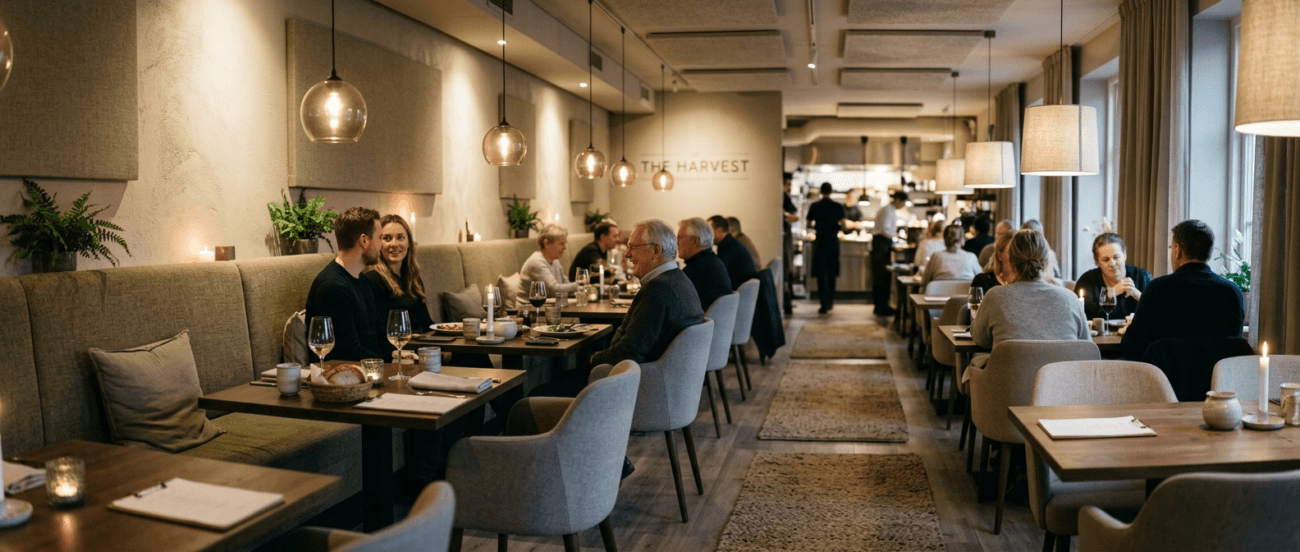 Döşemeli sedir/loca ve kumaş sandalyelerle akustik açıdan konforlu, sessiz bir restoran iç mekânı