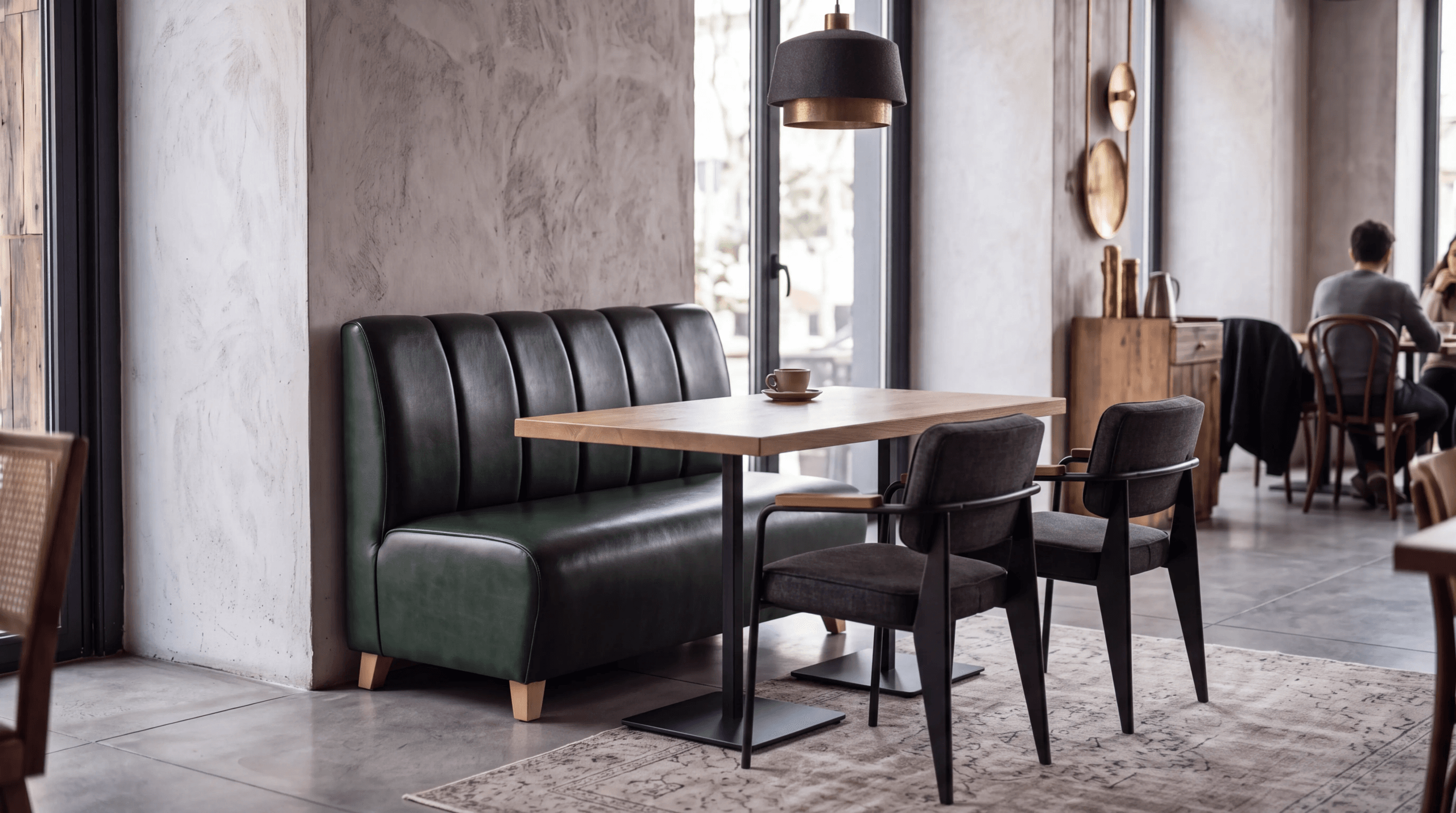 Duvar boyunca yerleştirilmiş Verde sedir ve karşısında Ergo sandalyelerle cafe yerleşimi